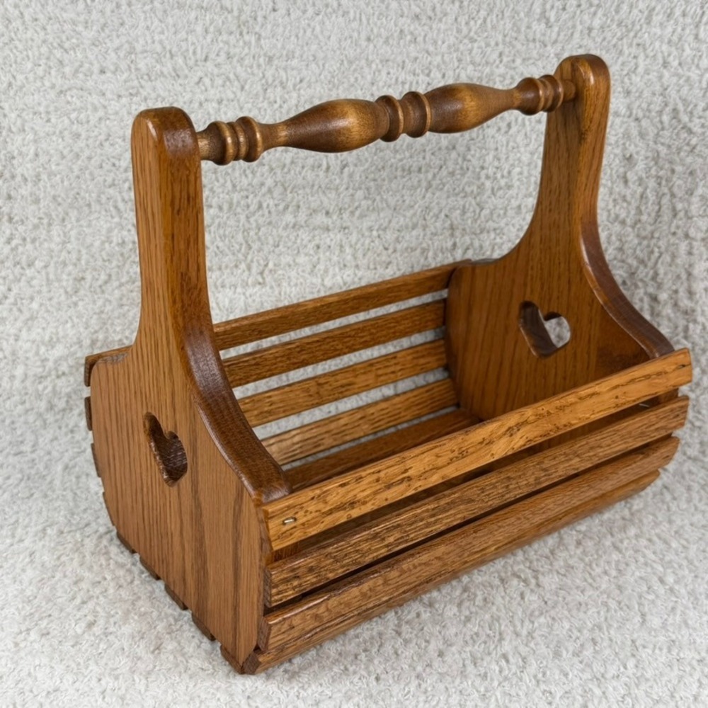 Vintage Oak Wood Slat Basket Heart Cutouts Spindle Handle Rustic Farmhouse Caddy